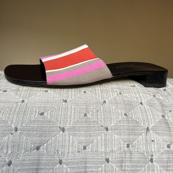 Kate Spade Pink Red White Brown Striped Fabric Slide Flat Sandals Women’s 7 B - Picture 1 of 16